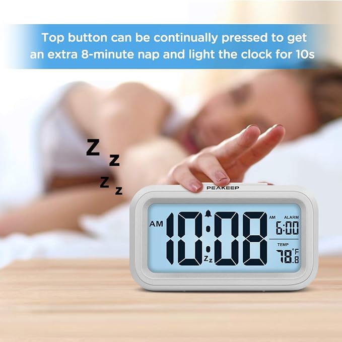 Peakeep Night Light Digital Alarm Clock Battery Operated Indoor Temperature | Small Cordless Cute Clock for Bedroom Desk Travel, Simple to Use for Teens Kids (White) - Image 3