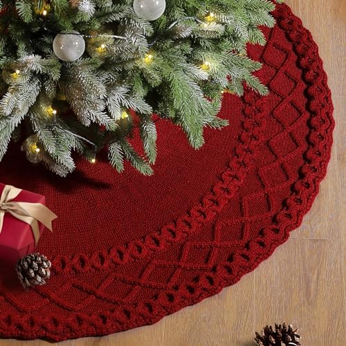 NIBESSER Red Knit Tree Skirt 48" Christmas Tree Skirt Knitted Mat Christmas Decorations Yarn Thick Rustic Cable Knit Tree Skirt for Home Party Holiday Ornaments by NIBESSER