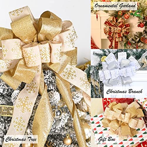 Christmas Tree Topper, 40x13 Inches Toppers Bow with Glitter Satin Mesh Streamer and Patterned Ribbon, Christmas Tree Topper Bow for Christmas Home Decoration (White) - Image 4