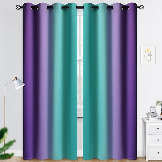 COSVIYA Grommet Ombre Room Darkening Curtains 96 inches Long for Living Room, Polyester Light Blocking Teal and Purple Gradient Window Drapes/Curtains for Kids/Girls Bedroom, 2 Panels, 52x96 inches