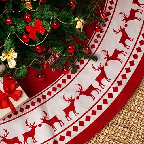 Christmas Tree Skirt 48 inch Tree Skirt Large Snowflake Reindeer Red Xmas Tree Skirt Rustic Christmas Decorations for Winter New Year Holiday Party Decor Indoor Outdoor (48in Large) - Image 4
