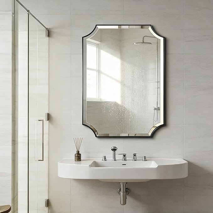 POZINO Modern Beveled Mirror, 24"x36" Bathroom Vanity Mirror for Over Sink, Matte Black Rounded Corner Rectangle Wall Mirrors for Living Room Bedroom Entryway, Horizontal or Vertical Hanging