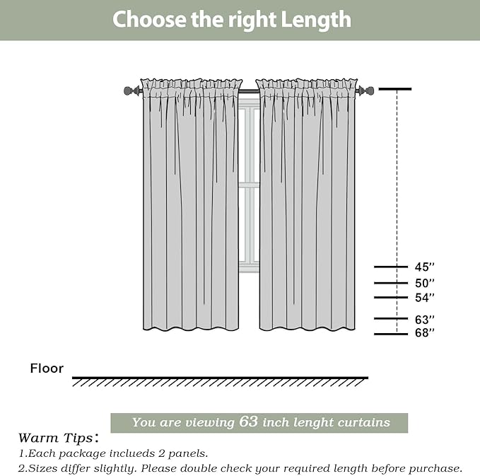 OWENIE Sheer Curtains 63 inch Length 2 Panels Set, Light Weight Soft Solid Fimly Sheer Curtains for Basement Bedroom Living Room, Light Filtering Airy Voile Sheer Curtain with Rod Pocket, 42Wx63L inch