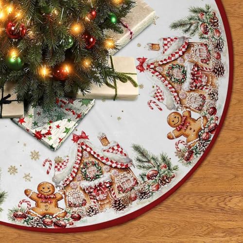 Gingerbread Christmas Tree Skirt 48Inch Red and Gold Xmas Tree Decorations by GYHUAD