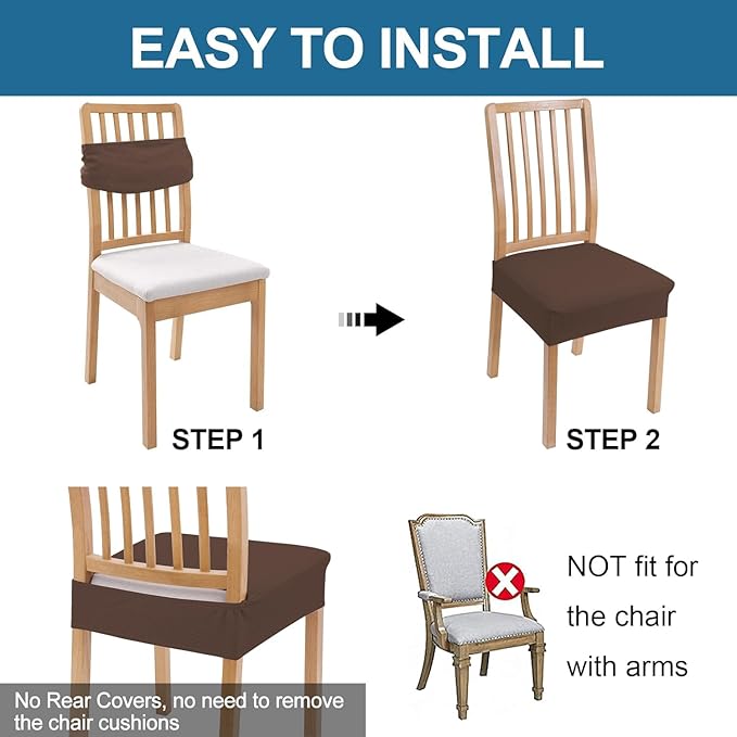 Smiry Waterproof Seat Covers for Dining Room Chairs Set of 6, Stretch Jacquard Removable Washable Chair Seat Slipcovers Protector, No Rear Covers, Light Chocolate