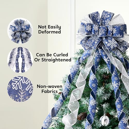 JOIEDOMI 45 Inch Christmas Tree Topper Wreath Bow, Blue and Silver Ribbon Ornaments with Snowflakes and Glitter, Large Gift Decor for Xmas Holiday Themed Decoration Home Parties Wedding - Image 2