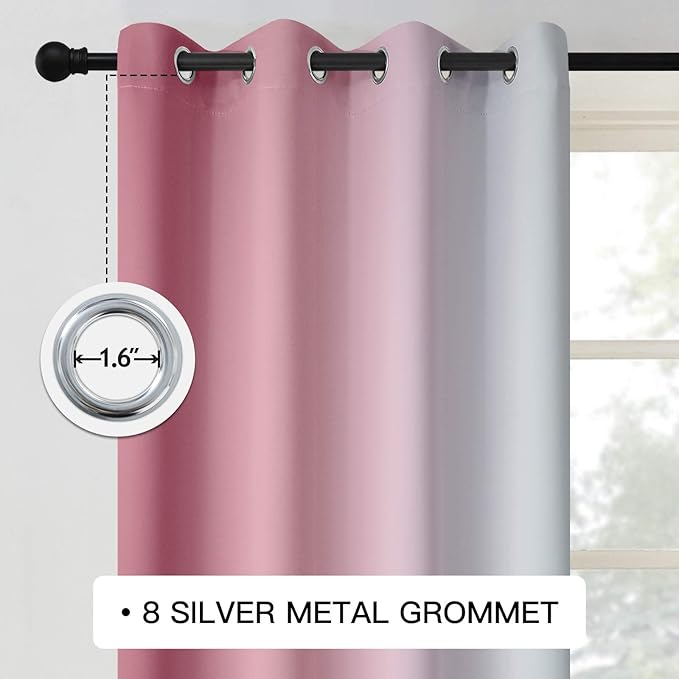 COSVIYA Grommet Ombre Room Darkening Curtains 72 inch Length 2 Panels, Pink and Grayish White Light Gradient Drapes Blocking Insulated Thermal Window Curtains for Bedroom/Living Room,52x72 inches