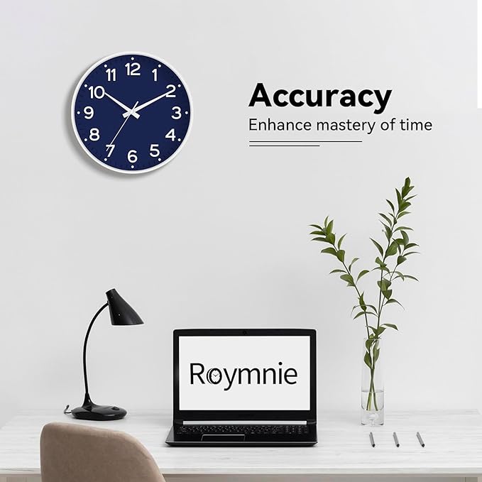 Wall Clock, 10 Inch Silent Wall Clocks Battery Operated-Modern Non Ticking Analog Clock Decorative for Kitchen Bedroom Office Bathroom(Navy Blue)