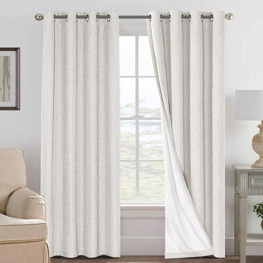 H.VERSAILTEX 100% Blackout Curtains Ivory, Linen Blackout Curtains 96 inch Curtains 2 Panel Set, Elegant Curtain for Bedroom Grommet Drapes for Living Room