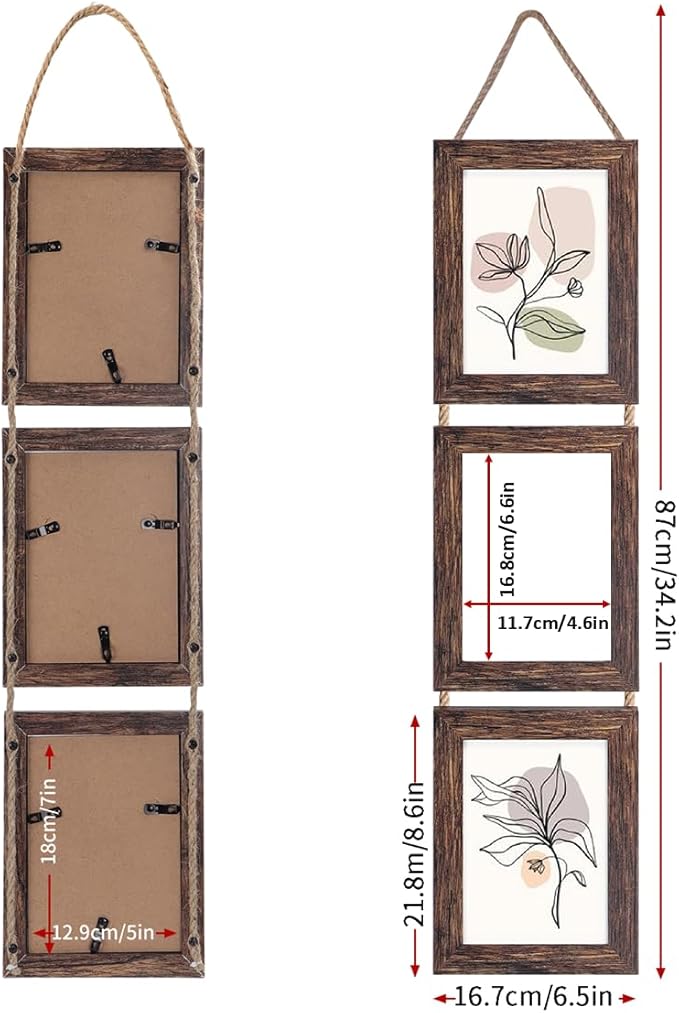 Lavezee Wall Hanging 5x7 Picture Frames Set of 2, Vertical Collage Distressed Brown Triple Frame Made to Display 5 by 7 inch Photo for Wall Decor