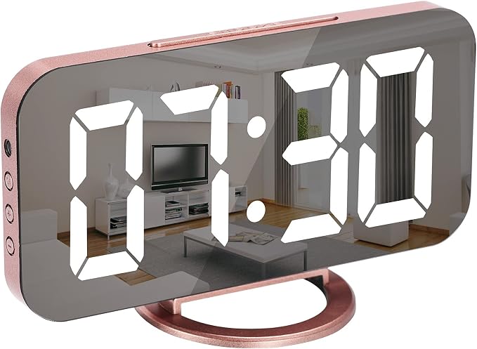 SZELAM Alarm Clock for Bedroom,LED and Mirror Digital Clock Large Display,with Dual USB Charger Ports,Auto Dim,Snooze Mode,Modern Desk/Wall Electronic Clock for Girl Woman Mom Teens - Rose Gold - Image 8