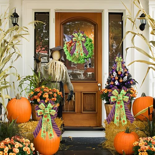 Large Halloween Pumpkin Tree Topper Bow, Green Purple Wreath Bow - Image 3