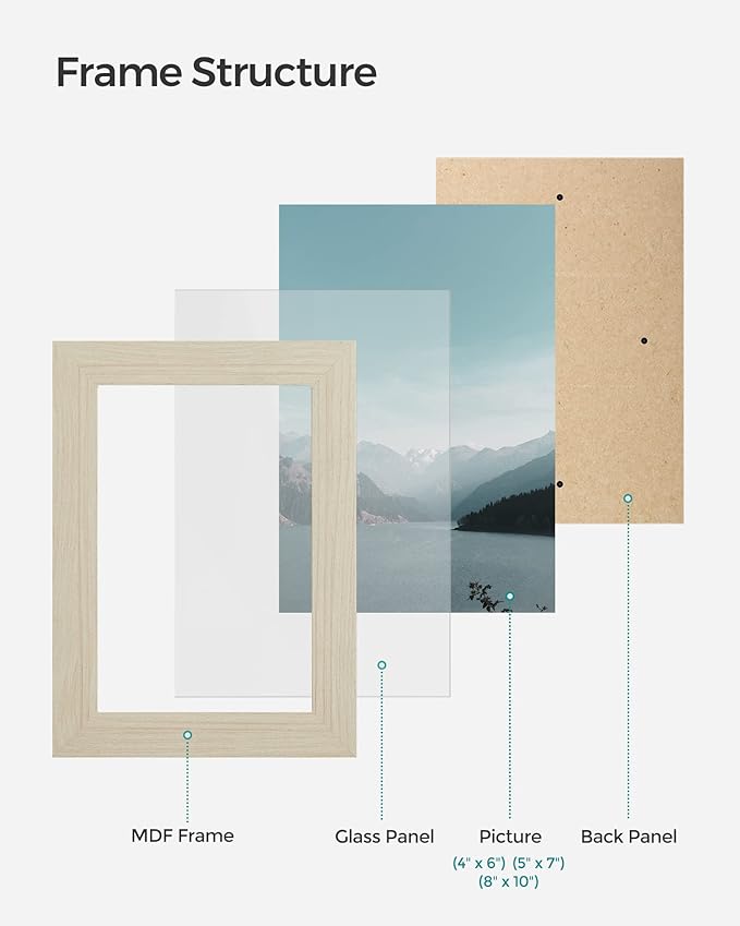 SONGMICS Picture Frames, Collage Picture Frames Set of 10, Two 8x10, Four 5x7, Four 4x6, Photo Frame for Wall Gallery Decor, Table Display, Glass, Natural Beige URPF010N01