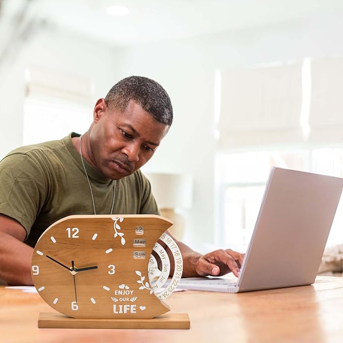 2-in-1 Natural Wood Desk Clock & Calendar - Battery Operated Silent Non-Ticking Analog Table Clocks Perpetual Calendar for Office, Bedroom, Study, Bedside - Vintage Home Shelf Desktop Decor