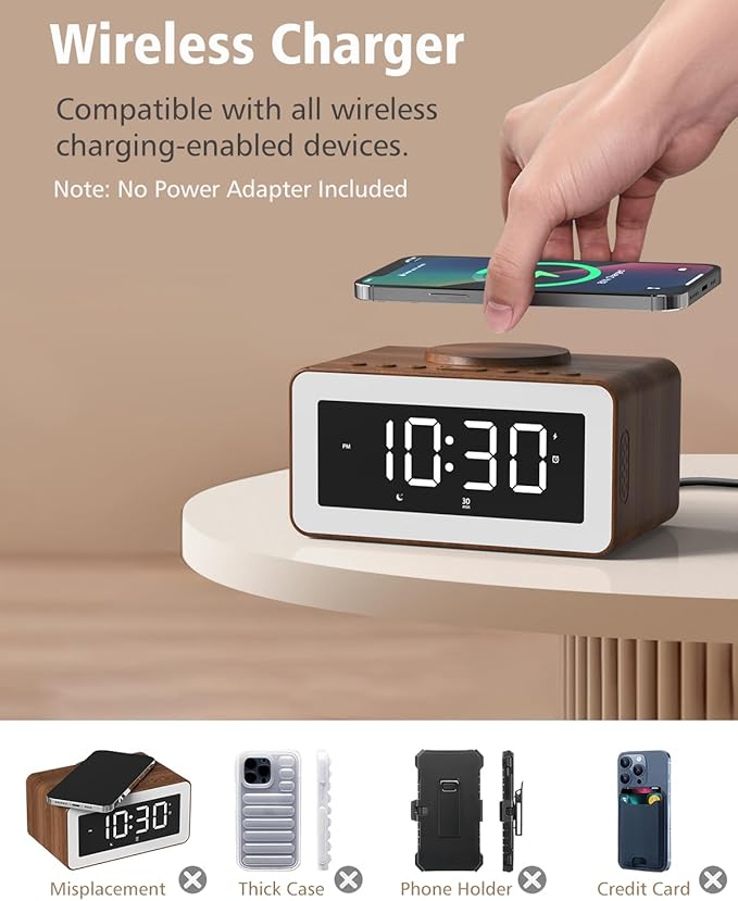 Alarm Clock for Bedroom, Wireless Charging, Bluetooth Speaker Sound Machine - Image 5