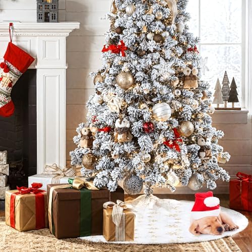 Christmas Tree Skirt 48Inch, Holiday Part Decorations for Christmas Tree, Whit Plush Glod Sequin Snowflake Tree Shirt for Xmas - Image 3