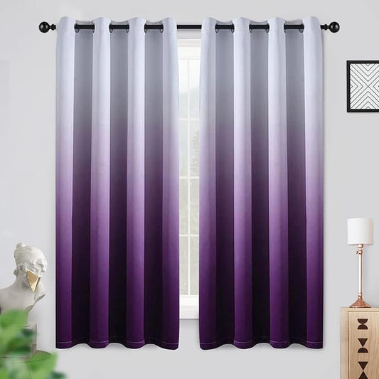 COSVIYA Grommet Ombre Room Darkening Curtains 63 inch Length 2 Panels, Gradient Drapes Purple and Grayish White Light Blocking Insulated Thermal Window Curtains for Bedroom/Living Room,52x63 inches