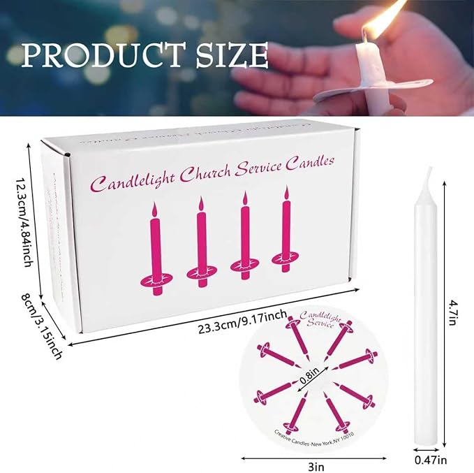100-Pack White Unscented Taper Candles with Drip Protectors, 4.7" x 0.47" - Smokeless Pure Wax Prayer Candles for Church, Vigil, Memorial, Shabbat & Religious Services