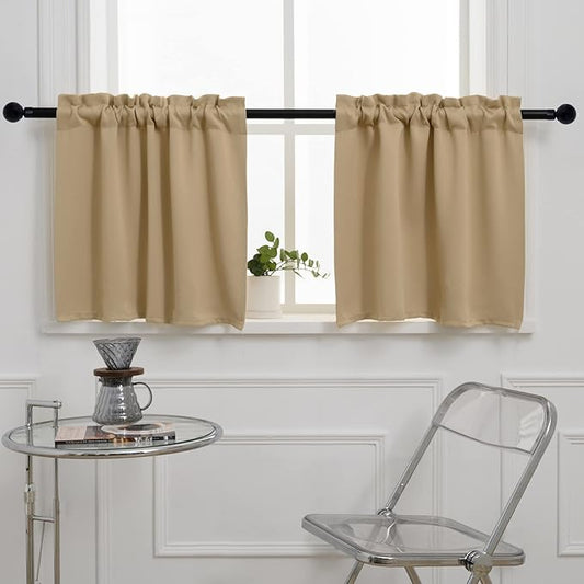 Pickluc Blackout Kitchen Curtain 24 Inches Long, Rod Pocket Cafe Tier Curtains for Small Window Treatment in Living Room, Basement, RVs, Cabinets, 2 Panels, W24 X L24 Inch, Beige