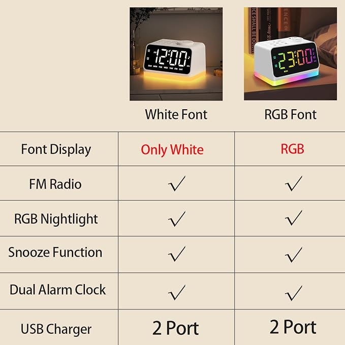 JALL Digital Alarm Clock with FM Radio for Bedroom, 8 Colors Night Light with 2 Charging Port, Sleep Sound Machines with Timer, Dual Alarm, Loud Alarm and Easy to Use for Seniors as Gift - Image 2