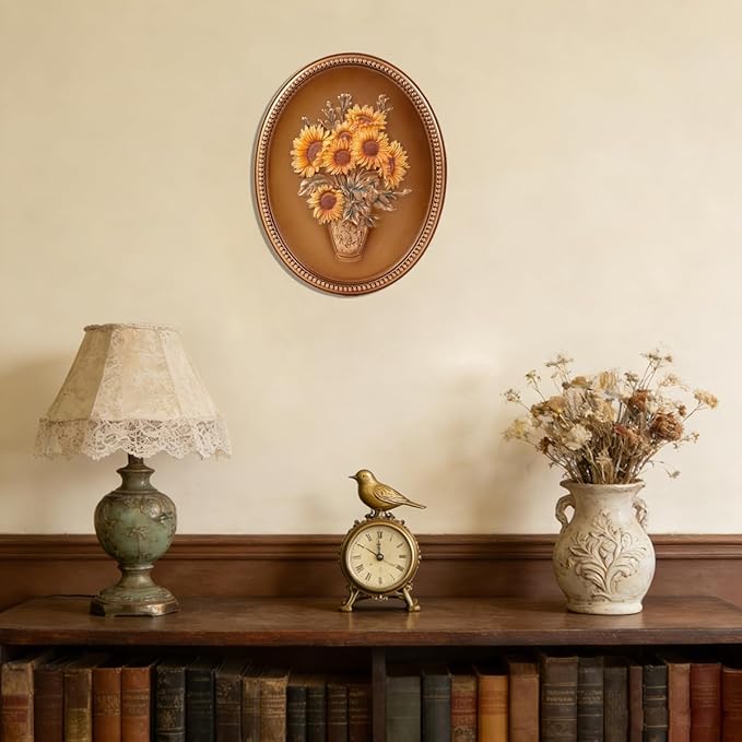 SIKOO Vintage Wall Sculptures Bronze Gold Sunflower Wall Art Hand Painted Ornate Wall Hanging Decoration Antique Pediment Wall Statue Ornament Decor Gallery for Kitchen Bedroom Living Room