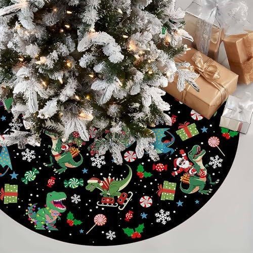 Christmas Dinosaur Tree Skirt 36in, Black Dinosaur Christmas Tree Ornament Decor for Funny Santa Claus Black Dinosaurs Christmas Tree Mat, Dino Xmas Decorations for Home New Year Holiday Party - Image 3