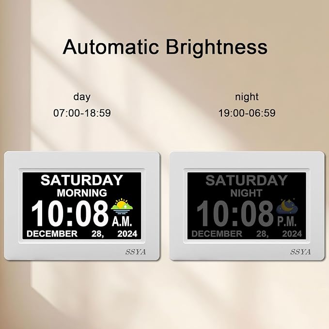 SSYA Digital Calendar Alarm Clock - Dementia Clocks for Seniors, Non-Abbreviated Memory Loss Clock with Date and Time for Elderly (White)