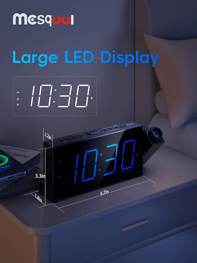 Mesqool Projection Alarm Clock with Loud Bed Shaker, Dual Alarms | 5-level Dimmer, USB charger, Snooze & DST, Loud Vibrating Alarm with Battery Backup, Perfect for Heavy Sleepers - Image 2