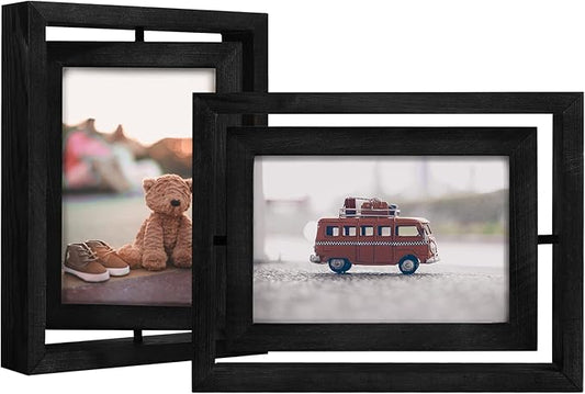 Egofine 2 Pack 4x6 Rotating Floating Picture Frames,Double-Sided Display with HD Glass Front Wooden Distressed Frame for Vertical or Horizontal Tabletop Display, Black