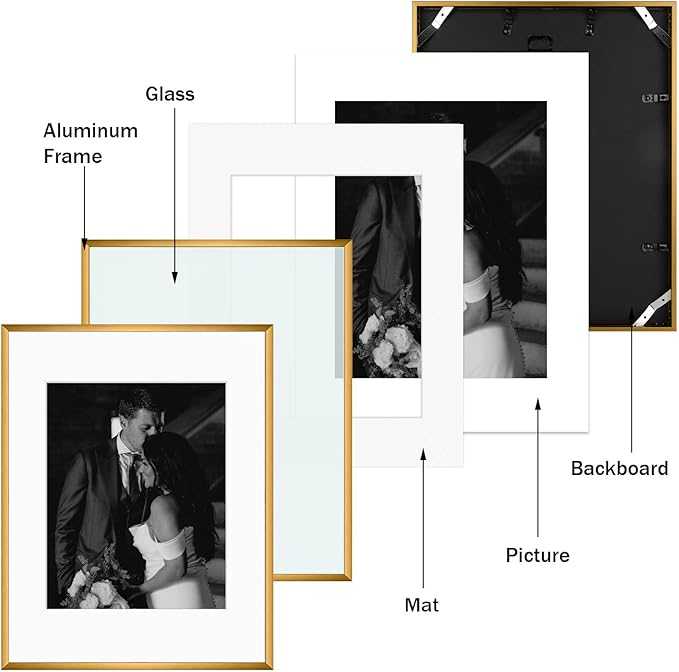 Frametory, Bronze Aluminum Picture Frame with Removable Mat - Set of 7 Includes Four 5x7, Two 8x10, One 11x14 - Real Glass Front - Simple Gallery Wall Frames for Art Prints and Posters