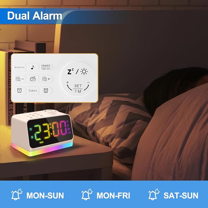 JALL Digital Alarm Clock with FM Radio for Bedroom, 8 Colors Night Light with 2 Charging Port, Sleep Sound Machines with Timer, Dual Alarm, Loud Alarm and Easy to Use for Seniors as Gift - Image 6