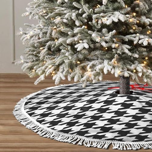 Xmas Tree Skirt 36" Inch,Black and White Houndstooth White Tassel Edge Rustic Christmas Tree Skirts for Party Holiday Decorations Xmas Ornaments by GHYGTY