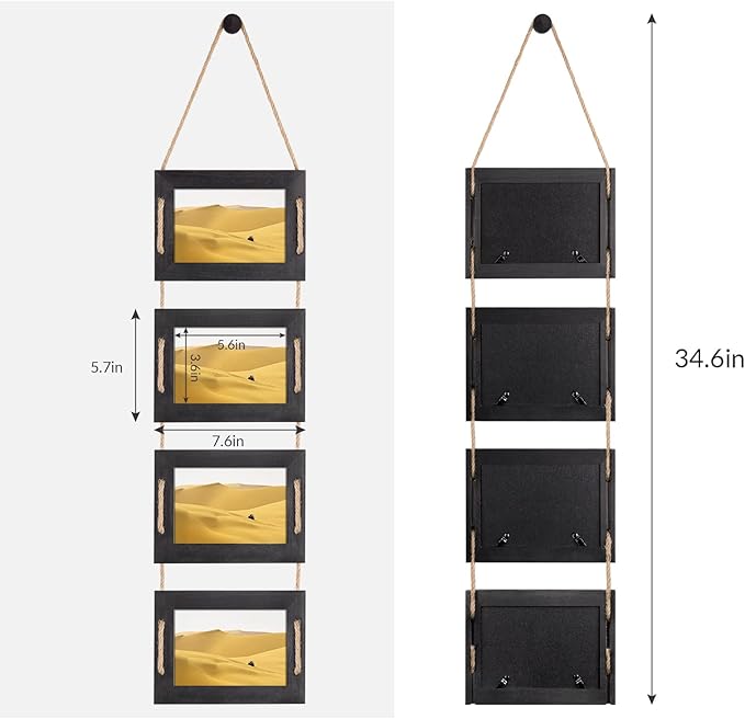 DLQuarts 4x6 Hanging Collage Picture Frames Wall Decor, 4-Opening 4x6 Photo without Mat Rustic Wood Frame with Hemp Rope, 1 Pack, Weathered Black