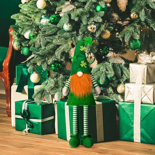 Soulchen 21 Inch Extra Large St. Patricks Day Tree Topper Leprechaun Gnome Tree Topper with Long Dangling Legs Oversized Irish Green Shamrock Sitting Treetop Decoration for Holiday Party Decor - Image 5
