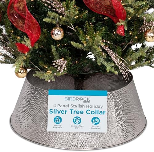 BIRDROCK HOME 4-Panel Christmas Tree Collar - Metal Holiday Skirt Decor - Water Base Protection from Pets (Silver - Hammered) by BIRDROCKHOME