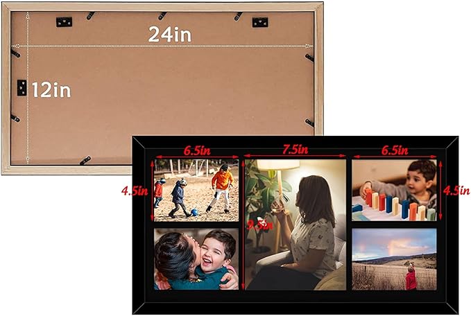 Golden State Art, Set of 6, 12x24 Black Wood Picture Frame - Black Mat for 8x10 And 5x7 Photos - Tempered Glass, Sawtooth Hanger, Swivel Tabs - Wall Mounting - Great for Gift