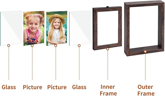 EXYGLO 2 Pack 4X6 Picture Frames Rotating Floating Photo Frame Wooden 2 Sided Frames for Vertical or Horizontal Tabletop Display