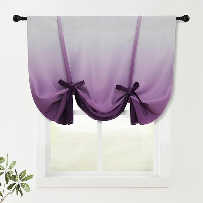 COSVIYA 100% Blackout Ombre Purple Adjustable Tie Up Curtains for Kitchen Thermal Insulated Room Darkening Valance Rod Pocket Balloon Roman Shade for Small Window,48" L x 34" W, 1 Panel