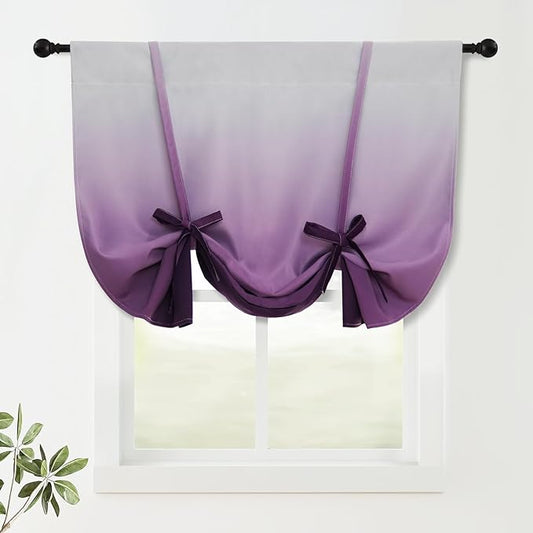 COSVIYA 100% Blackout Ombre Purple Adjustable Tie Up Curtains for Kitchen Thermal Insulated Room Darkening Valance Rod Pocket Balloon Roman Shade for Small Window,48" L x 34" W, 1 Panel