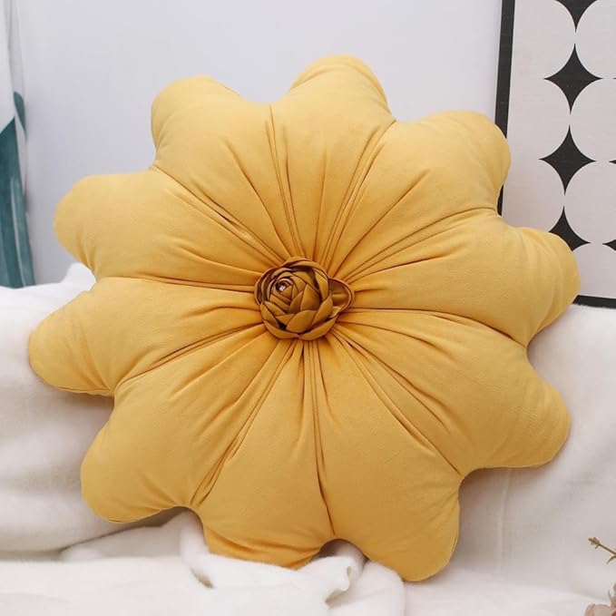 Flower Pillow Cushion Round Decorative Throw Pillow 15.7 Velvet Flower Shaped Pillow for Sofa Couch Vanity Chair Bed (Yellow)