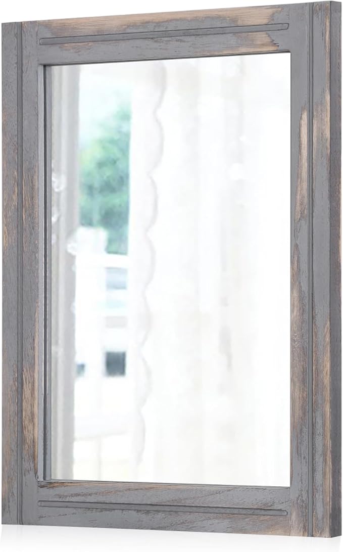 AAZZKANG Wood Framed Mirror Rectangular Rustic Wall Mirrors Decorative Large 26"x18" for Farmhouse Bathroom Living Room Bedroom Grey