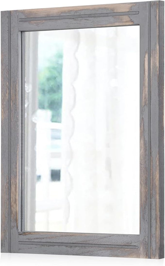 AAZZKANG Wood Framed Mirror Rectangular Rustic Wall Mirrors Decorative Large 20"x16" for Farmhouse Bathroom Living Room Bedroom Grey