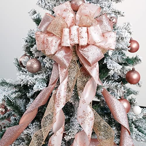 MEEDEE Rose Gold Christmas Tree Topper Rose Gold Glitter Christmas Bows 12" Wide Snowflake Ribbon Bow Rose Gold Christmas Bows Rose Gold Christmas Topper Rose Gold Bows for Christmas Tree (1 Pack) - Image 6