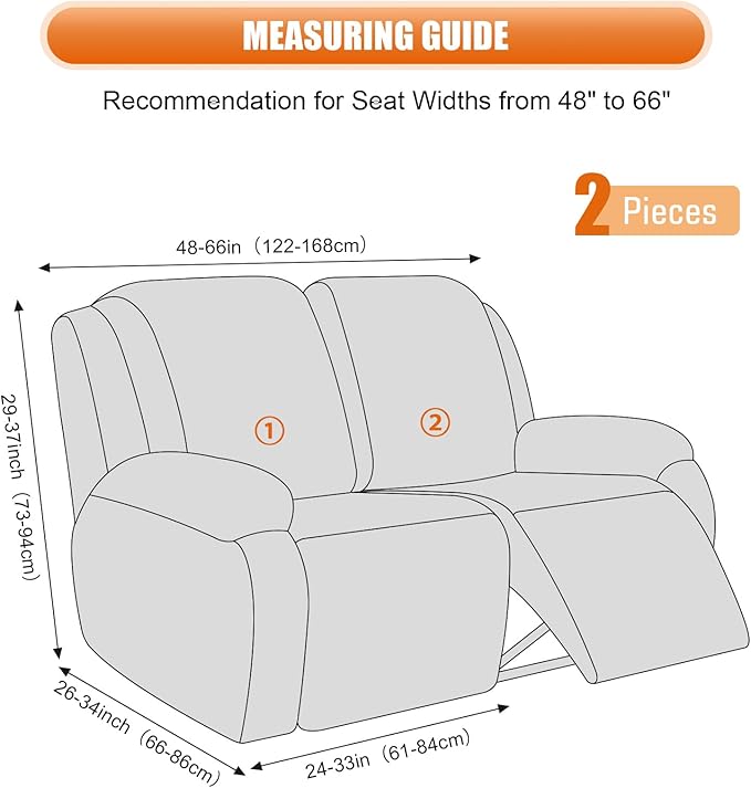VANSOFY Recliner Cover, 2-Pieces Stretch Reclining Couch Cover with Pockets Loveseat Sofa Slipcovers Soft Washable Furniture Protector for Dogs Cats(Black)
