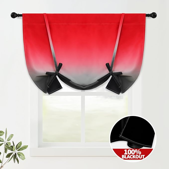 COSVIYA 100% Blackout Red and Black Adjustable Tie Up Curtains for Kitchen Thermal Insulated Room Darkening Valance Rod Pocket Balloon Roman Shade for Small Window,48" L x 34" W, 1 Panel