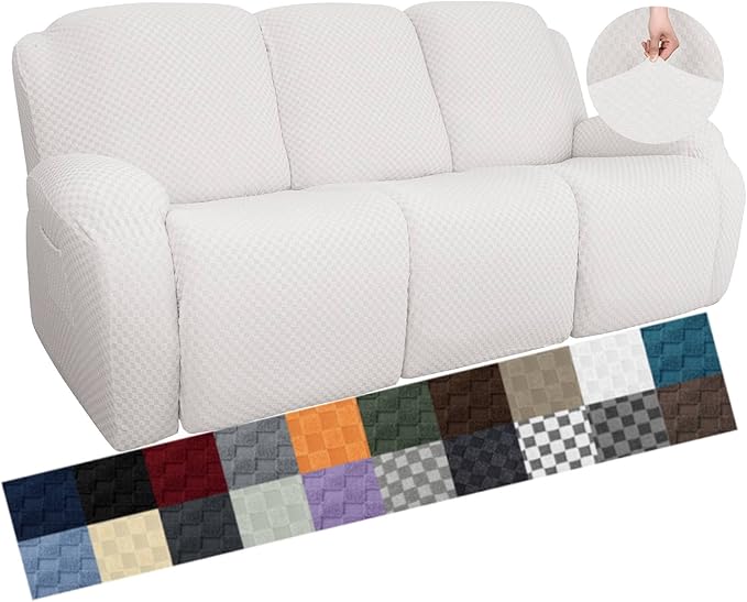 YEMYHOM 8 Pieces Stretch Recliner Sofa Cover Latest Jacquard Reclining Couch Cover with Side Pocket Anti-Slip Fitted 3 Cushion Furniture Slipcovers with Elastic Bottom (Sofa Recliner, White)
