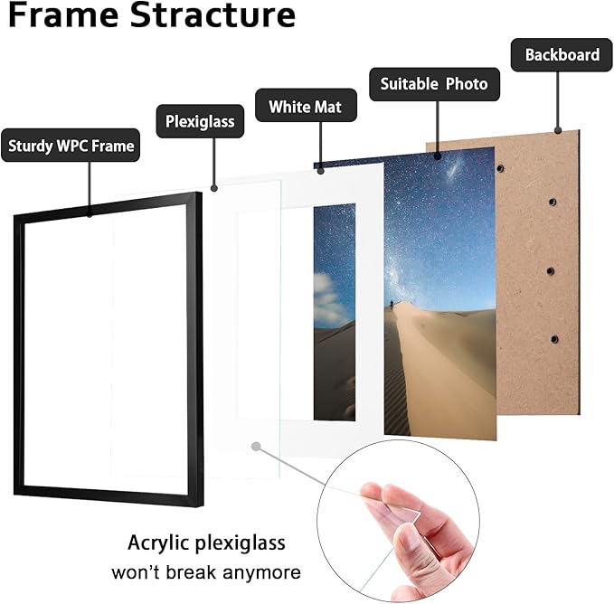 KINLINK 11x14 Picture Frame Set of 6, Wooden 14x11 Photo Frames with Plexiglass for 8x10 Picture with Mat or 11x14 Without Mat, Art Collage for Wall Gallery and Tabletop Display, 11 x 14 Frame Black
