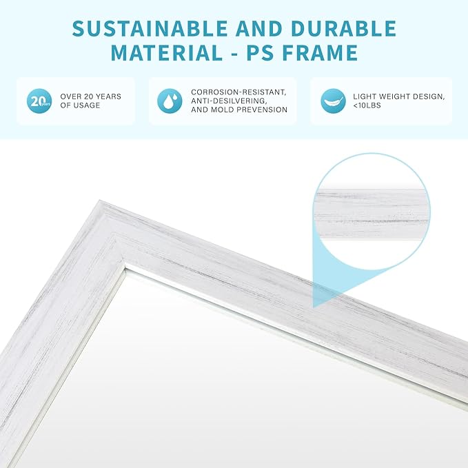 White Wood Effect Framed Wall Mirror, 24x36 Rectangle Mirror, Anti-desilvering Tempered Glass, Sustainable& Sturdy Frame, Farmhouse Mirror, Anti-Rust, 3min Fast Setup for Bathroom Living Room