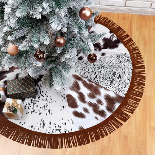 Shappy Western Christmas Tree Skirt 48 Inch Cows Print Tree Skirts Decorations Cowboy Christmas Skirt with Tassel Decorations Mats for Xmas Party Holiday Ornament Home(Classic) by Shappy