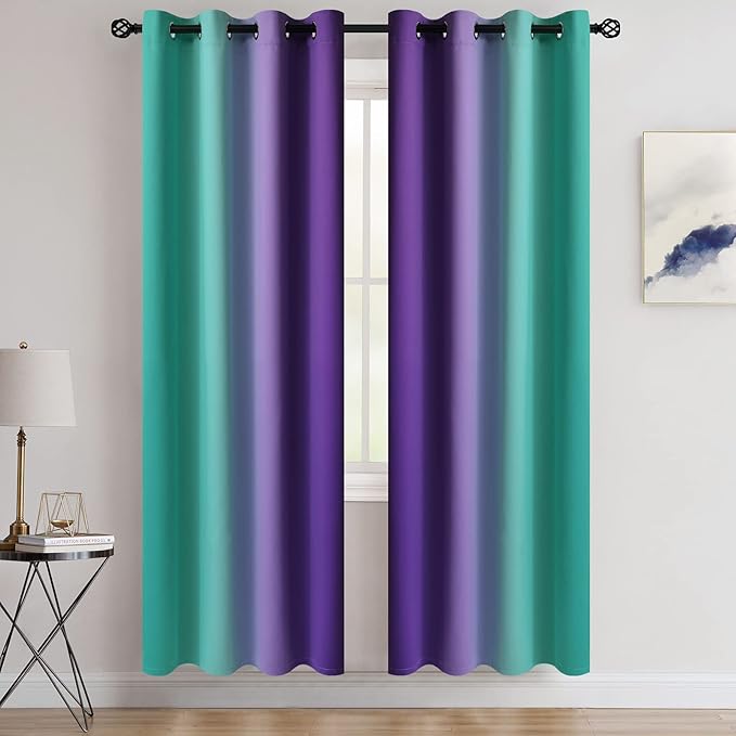 COSVIYA Grommet Ombre Room Darkening Curtains 72 inches Length for Kids/Girls Bedroom, Polyester Light Blocking Teal and Purple Gradient Window Drapes/Curtains for Living Room,2 Panels, 52x72 inches